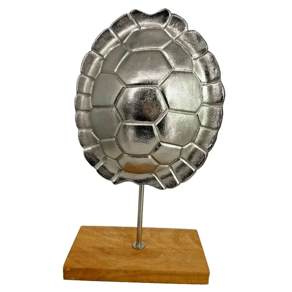 Silver Metallic Turtle Shell Sculpture On Wood Base Tabletop Display Decor 14.5